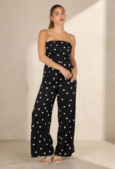 Zwarte Bandeau Jumpsuit met Witte Stippenprint en Wide Leg