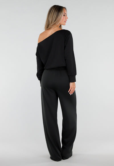 NEW220726 Zwarte Tall Jogger Set met One Shoulder Sweater