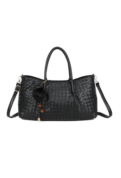 Zwarte Shopper met Gevlochten Leerlook en Decoratieve Hanger
