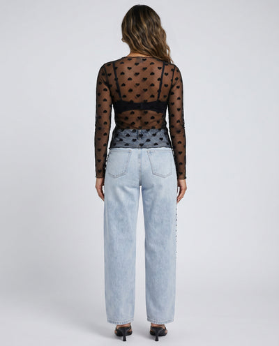 Zwarte Transparante Mesh Top met Hartjes en Lange Mouwen