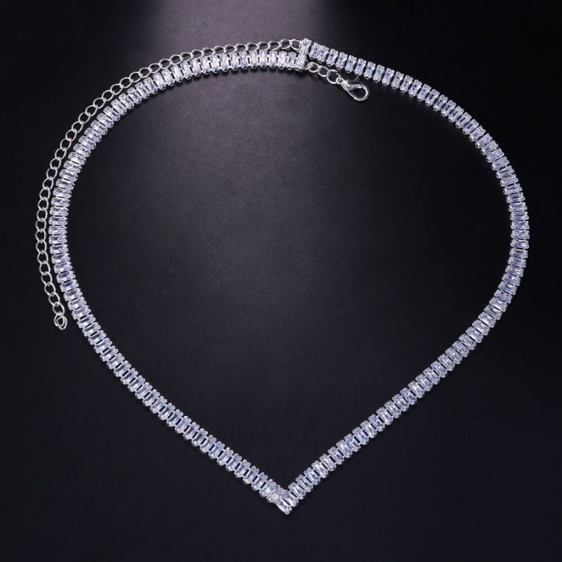Zilveren Diamanten Hals Ketting met V-Vorm