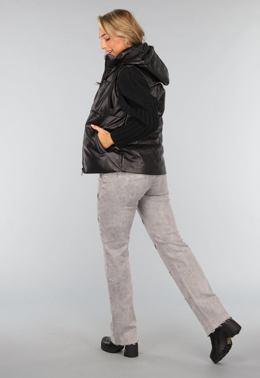 Zwarte Lederlook Bodywarmer met Capuchon
