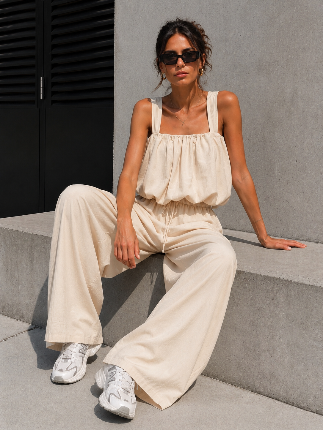 NEW150726 Beige Stretch Two Piece Set met Mouwloze Top en Wide Leg Broek