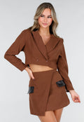 Bruine Set met Rok en Blazer met Lederlookdetails