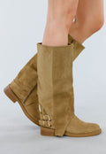 Khaki Hoge Laarzen met Gespdetail en Lage Hak