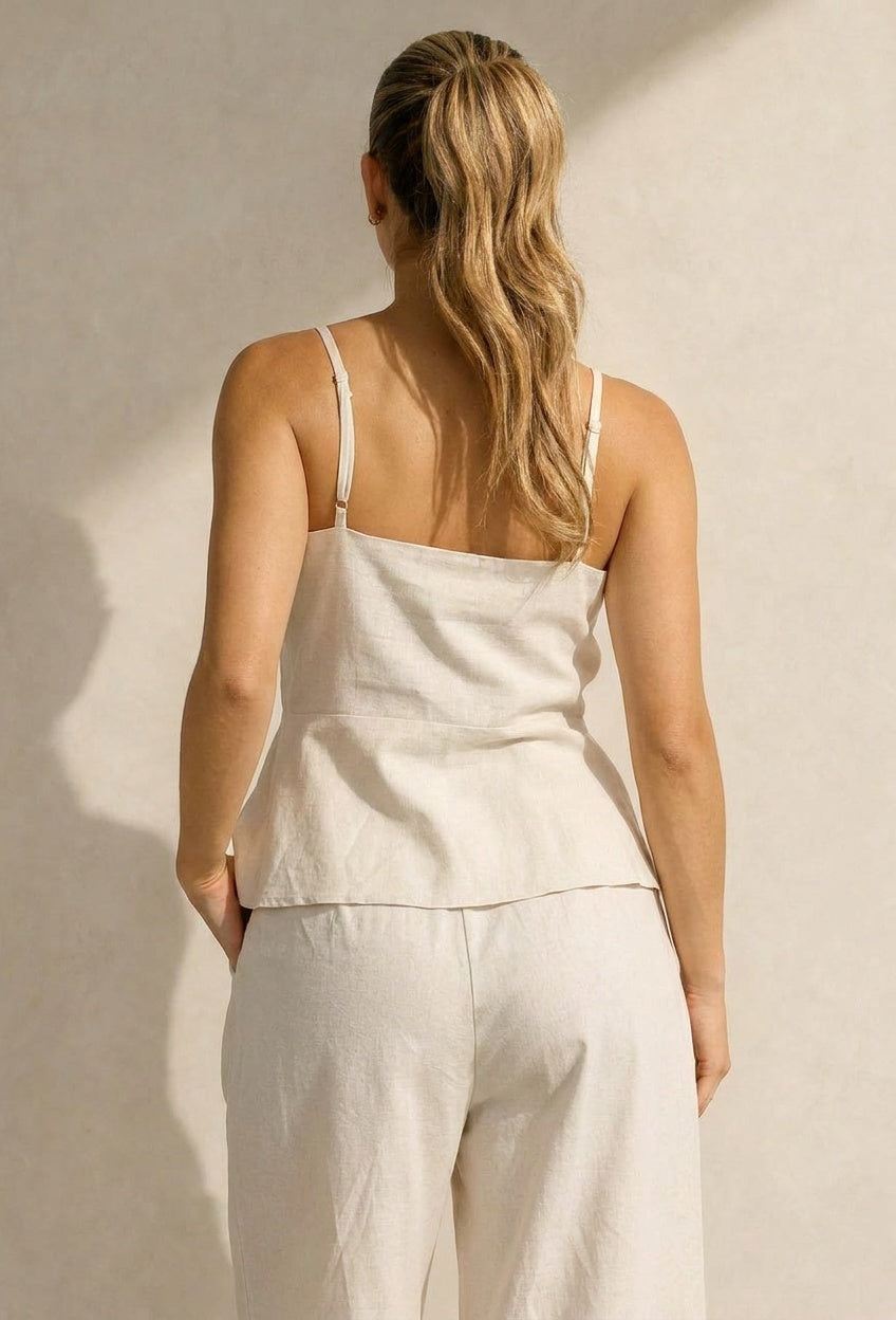 Beige Spaghettiband Top met Wide Leg Broek Set