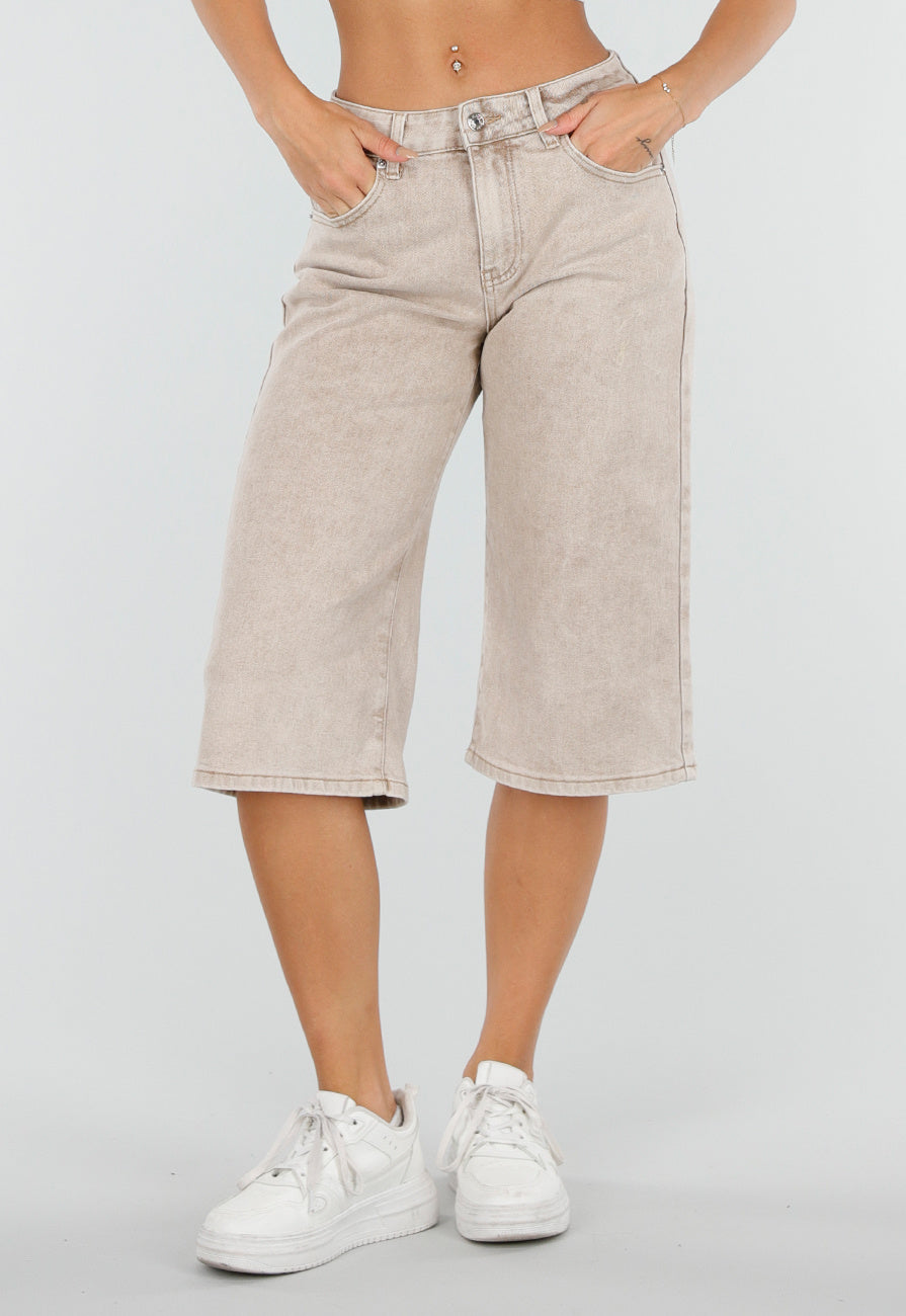 Beige Stretch Denim Bermuda Broek met Rechte Pijpen