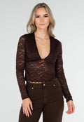 Bruine Crop Top met Kant en Lange Mouwen