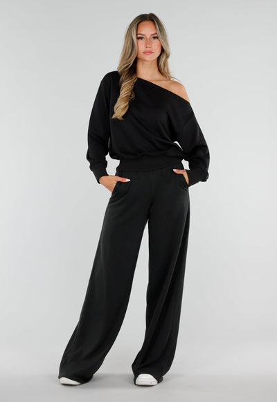 NEW220726 Zwarte Tall Jogger Set met One Shoulder Sweater