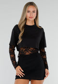 NEW120826 Zwarte Crop Top met Lange Kanten Mouwen en Kanten Taille