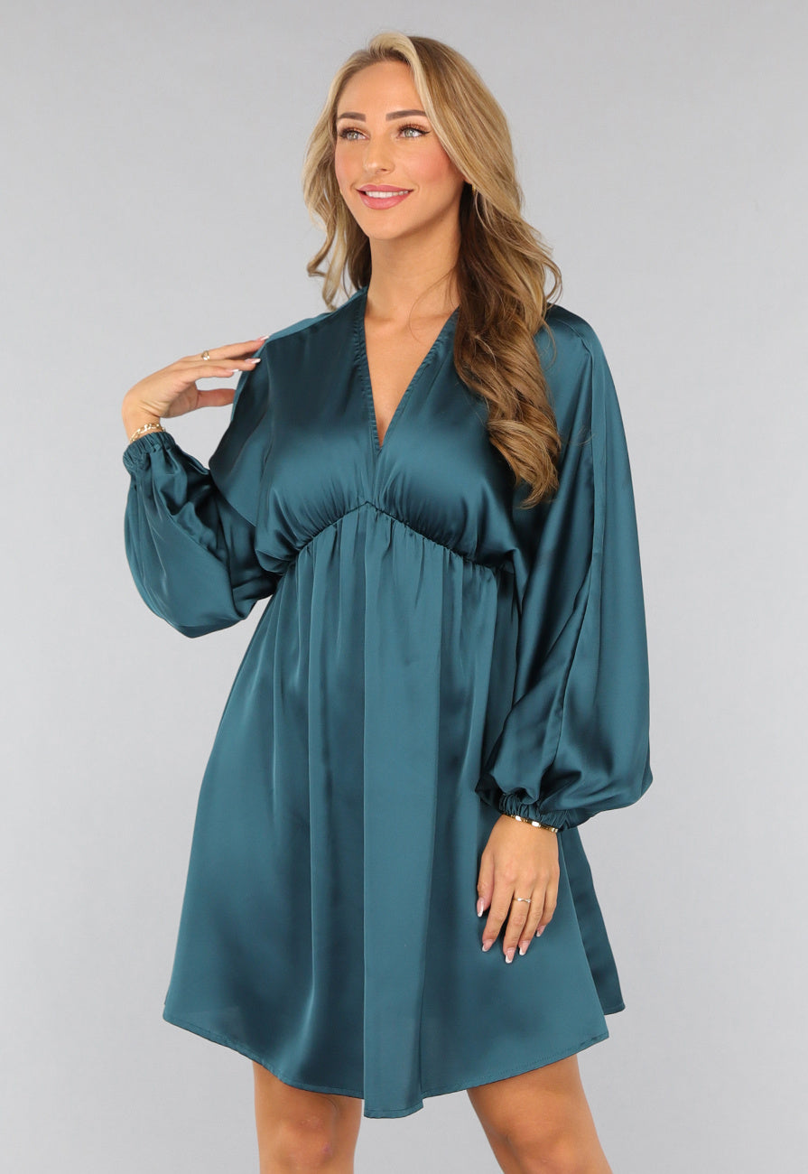 Petrol Satin Jurk met Lange Mouwen