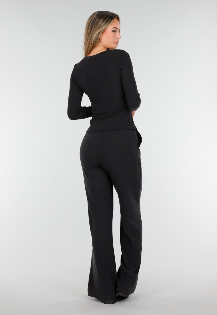 Grijze Zachte Stretch Top met Ronde Hals en Lange Mouwen