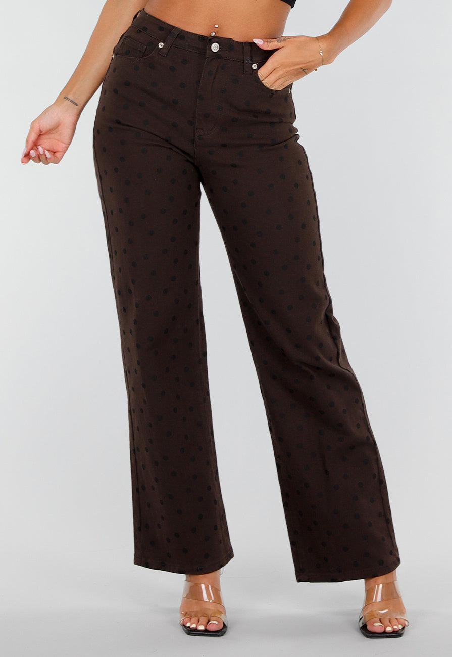 NEW020926 Donkerbruine Denim Straight Leg Jeans met Zwarte Stippen en Hoge Taille