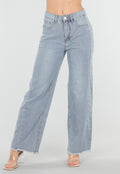 Lichtblauwe High Waist Wide Leg Jeans met Rafelige Onderkant