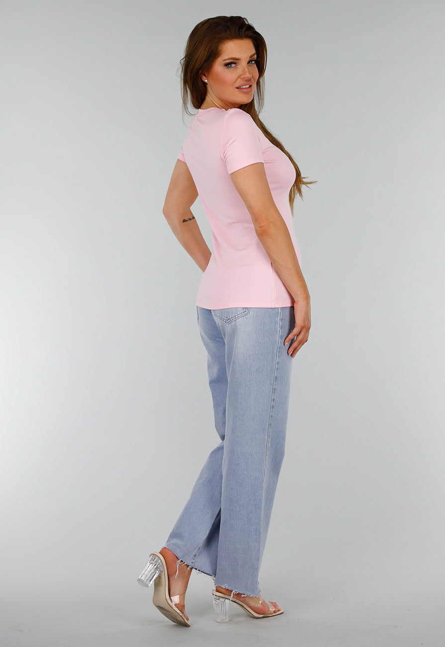 Roze Stretch Top met Split en Ronde Hals