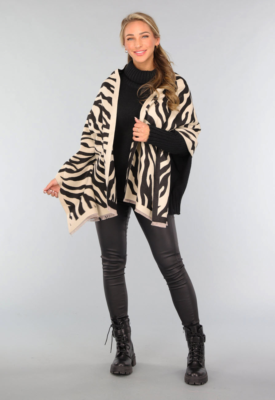 Grote Omslagdoek met Zebra Print in Beige