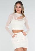 Crème Mesh Top met Lange Mouwen en Cut Out en Pads