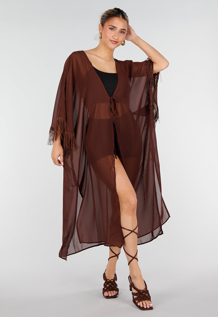 Bruine Kimono met Halflange Mouwen en Franjes