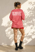 Roze Rode Gestreepte Oversized T-shirt met Tekstprint
