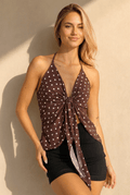 NEW080726 Bruine Halter Top met Polkadot Print en Strikdetail Voor Dames