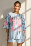 Oversized Lichtblauw Jersey Shirt met Roze Print en Strepen