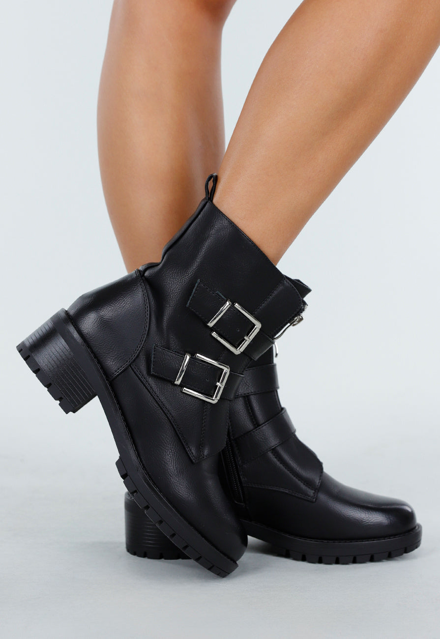 Zwarte Biker Boots met Gespen en Ritsdetail