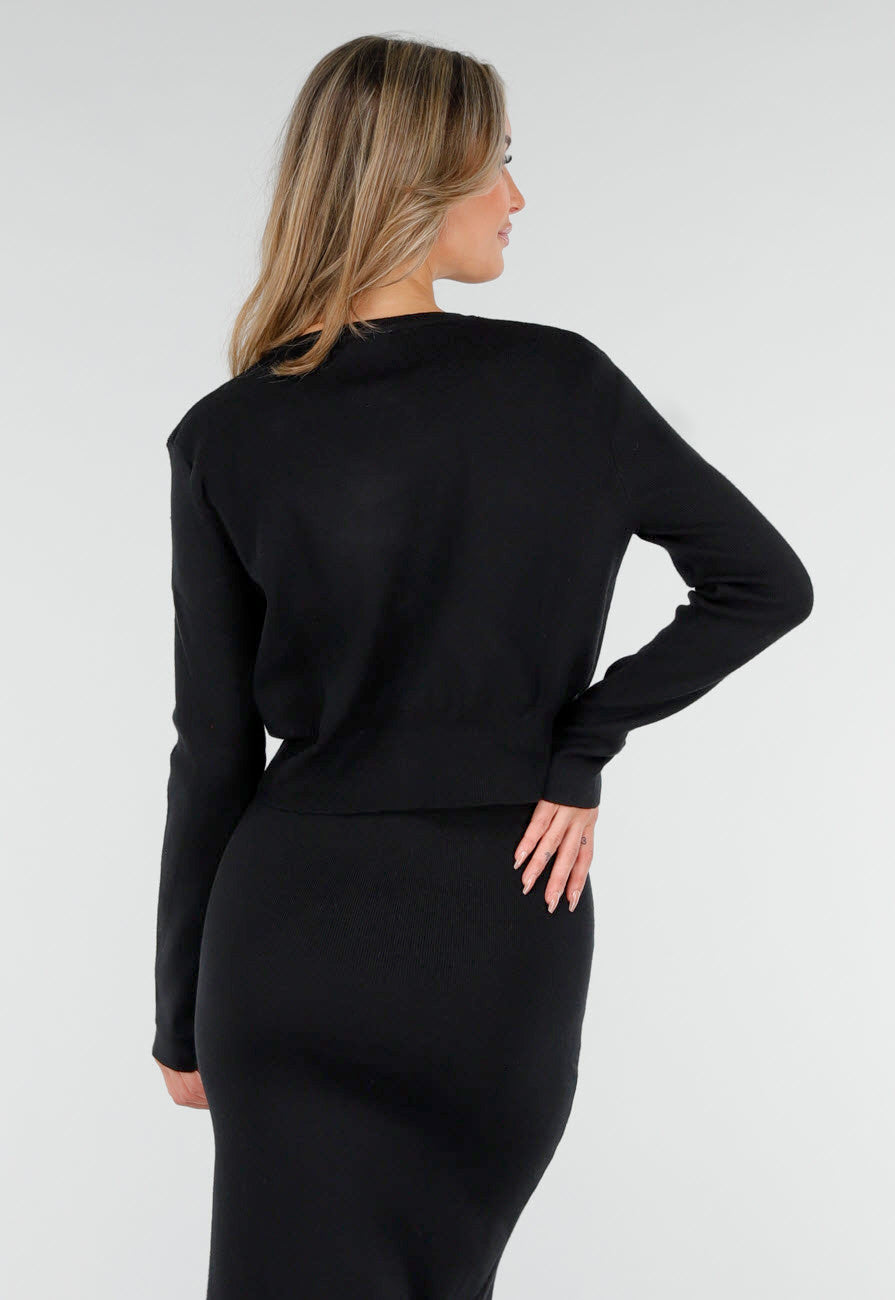 Zwarte Knitted Set met Midi Rok met Split