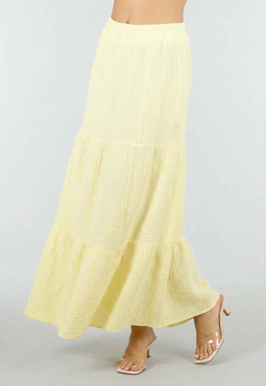 Lichtgele Mousseline Maxi Rok met Elastische Taille