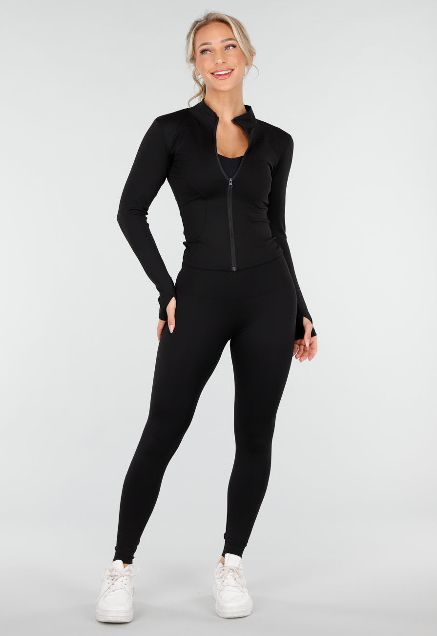 Zwarte Sportset met High Waist Legging en Sportjack