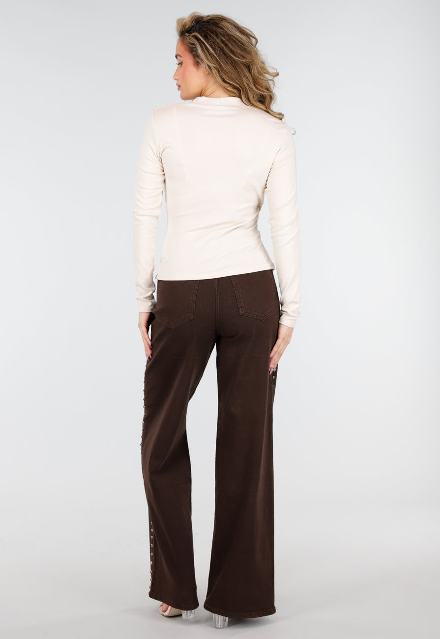 Beige Overslag Top met Lange Mouwen en Stretch