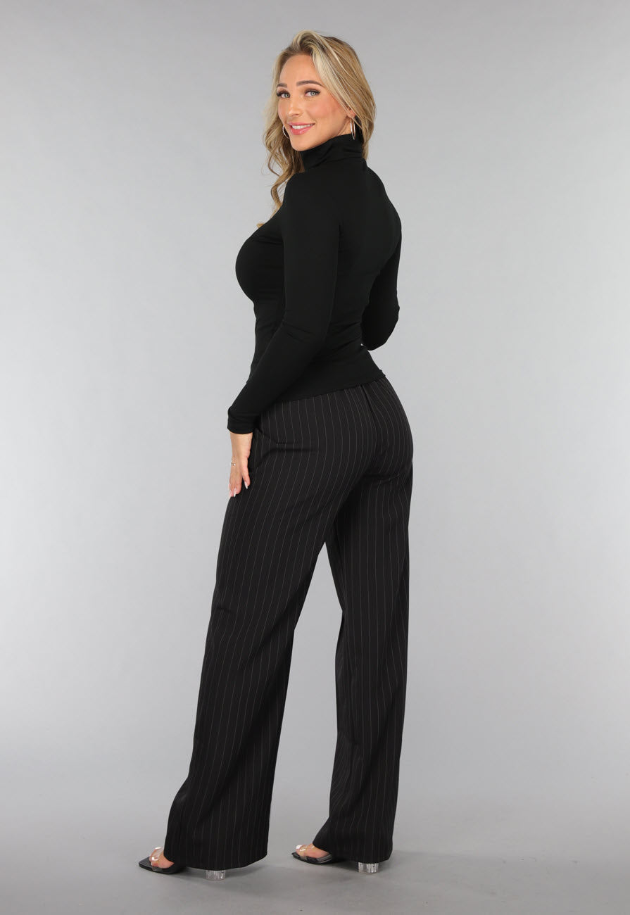 Longsleeve Ribstof Top met Col in Zwart