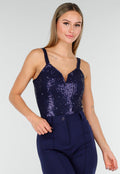 Navy Sequin Bodysuit met Diepe V-Hals en Pailletten