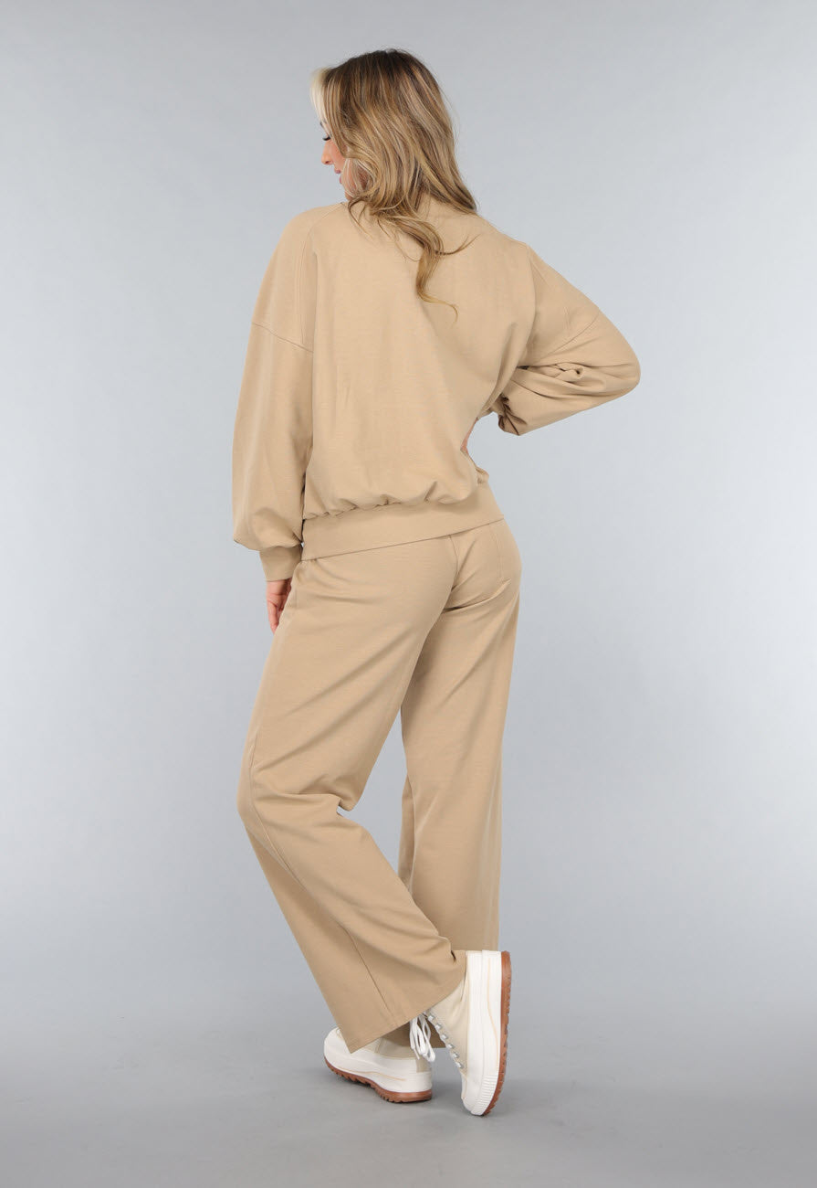 Beige Oversized Sweater met Rits