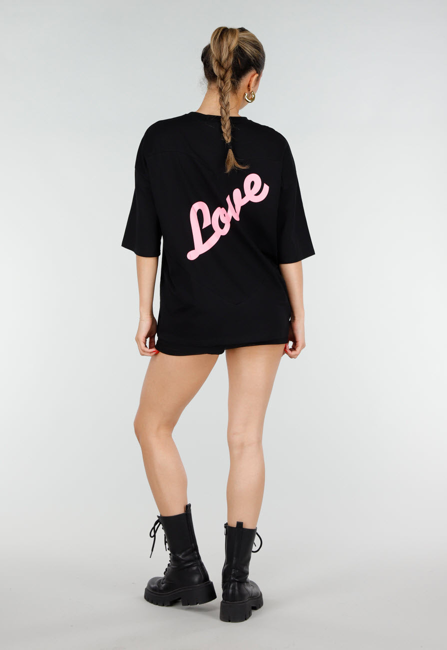 Zwart Oversized T-shirt met Korte Mouwen en Roze Backprint