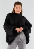 Zwarte Oversized Gebreide Trui met Colkraag en Kabelpatroon