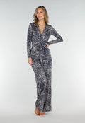 Beige-Blauwe Stretch Jumpsuit met All-Over Print en Strikceintuur