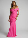 Roze Off Shoulder Maxi Jurk met Geplooide Mesh en Split