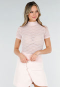 Lichtroze Gehaakte Stretch Top met Col en Korte Mouwen