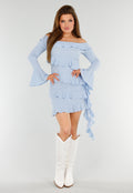 Lichtblauwe Off-Shoulder Jurk met Ruches en Stretchstof