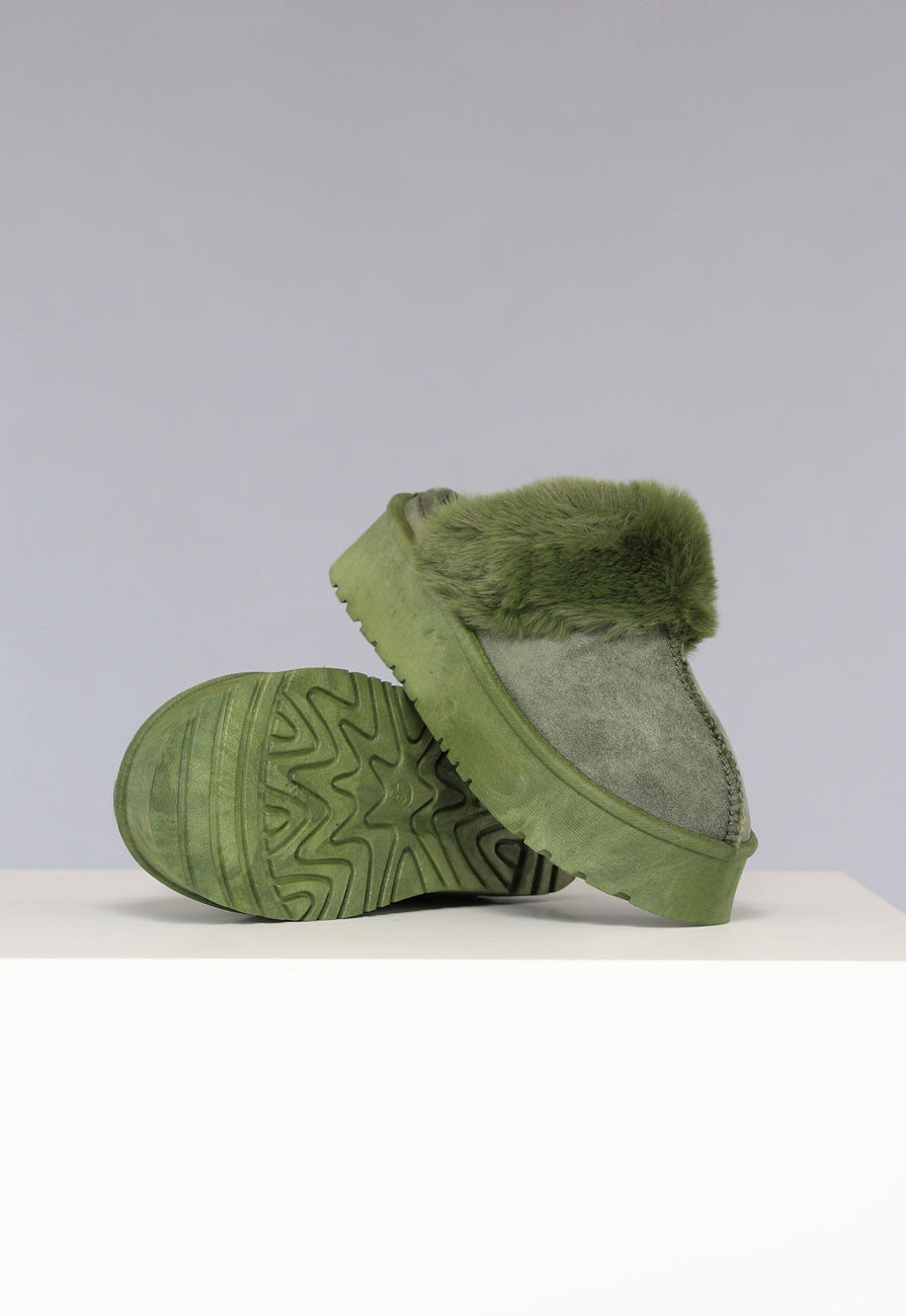 Groene Plateau Pantoffels met Imitatiebont