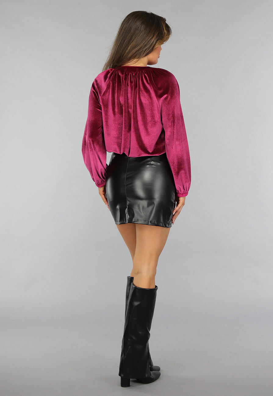 Cherry Roze Velvet Blouse met Pofmouwen