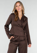 Donkerbruine Satijnlook Wrap Blazer met Striksluiting