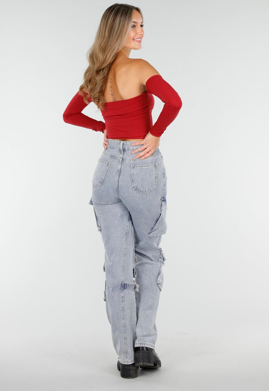 Off Shoulder Top met Lange Mouwen in Rood