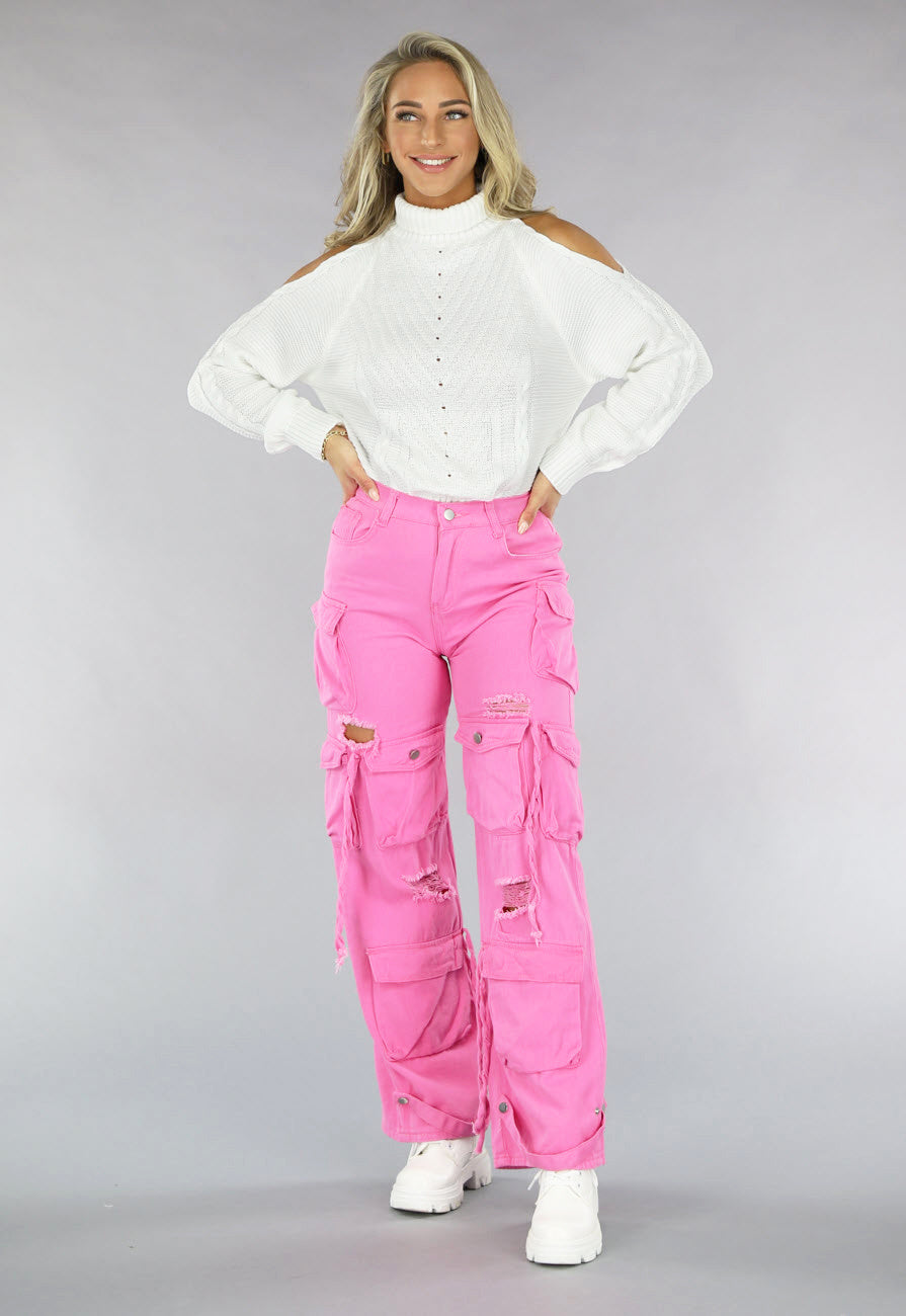 Roze Cargo Jeans met Gaten