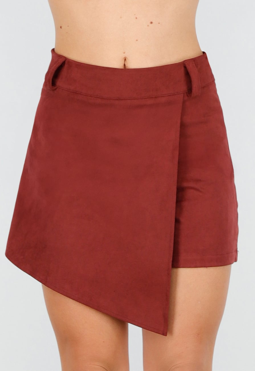 Rode Asymmetrische Skort met Stretch en Suède Look