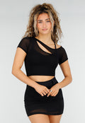 Zwarte Mesh Crop Top met Korte Mouw en Pads