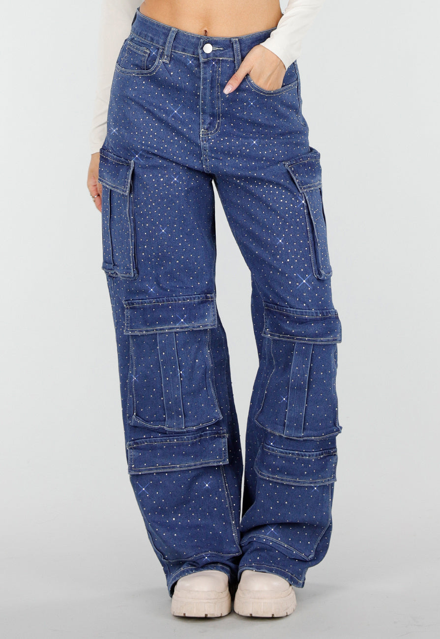 Blauwe Denim Cargo Jeans met Strass Steentjes en Wide Leg Pasvorm