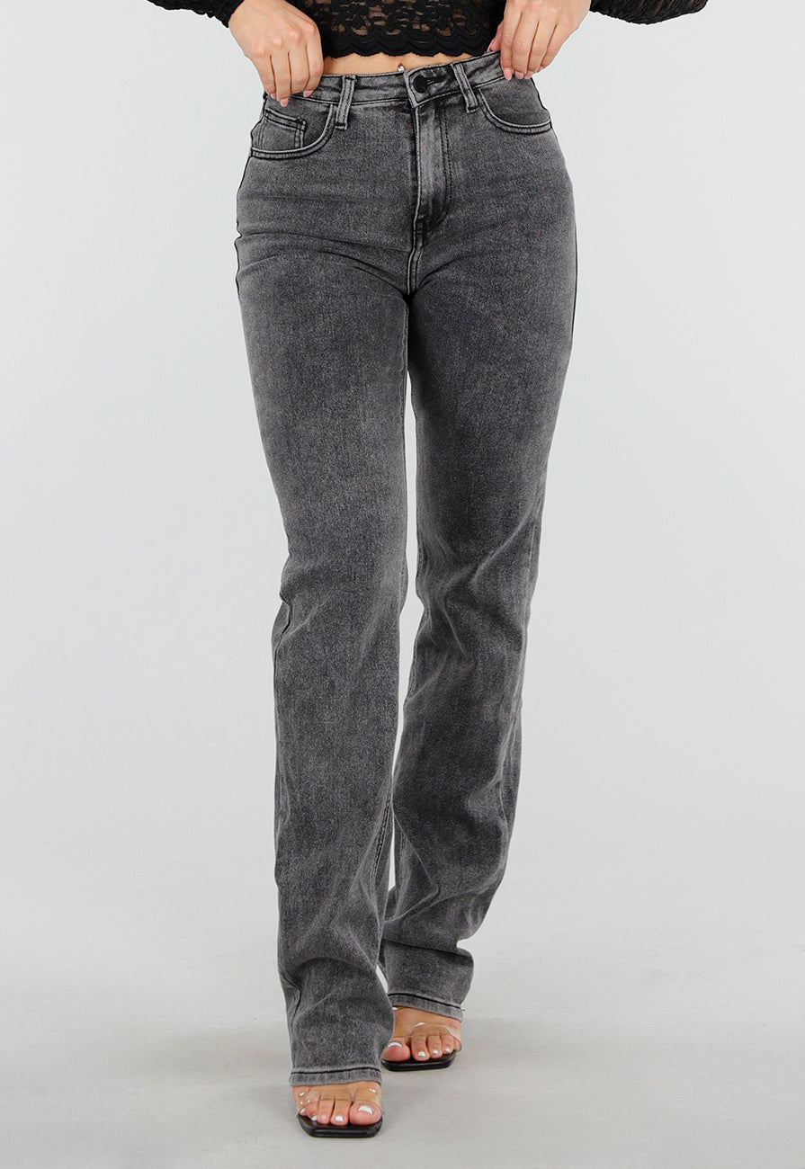 Grijze High Waist Straight Leg Stretch Jeans met Subtiele Wassing