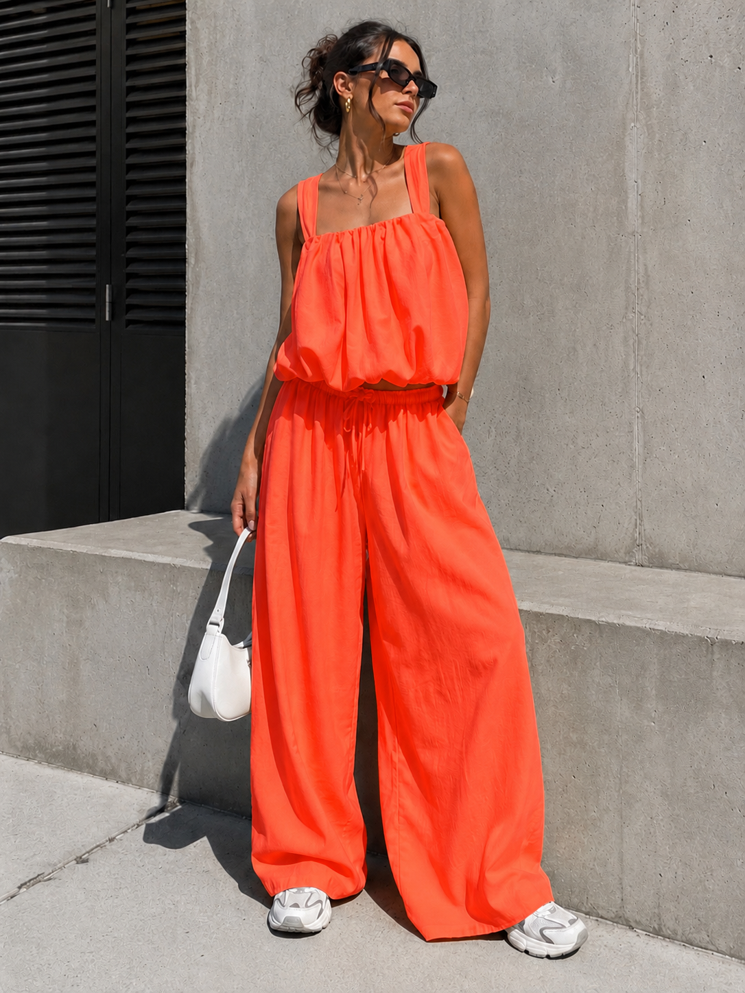 NEW150726 Neon Oranje Stretch Two Piece Set met Mouwloze Top en Wide Leg Broek