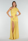 NEW010726 Gele One Shoulder Mesh Maxi Jurk met Split en Drapering